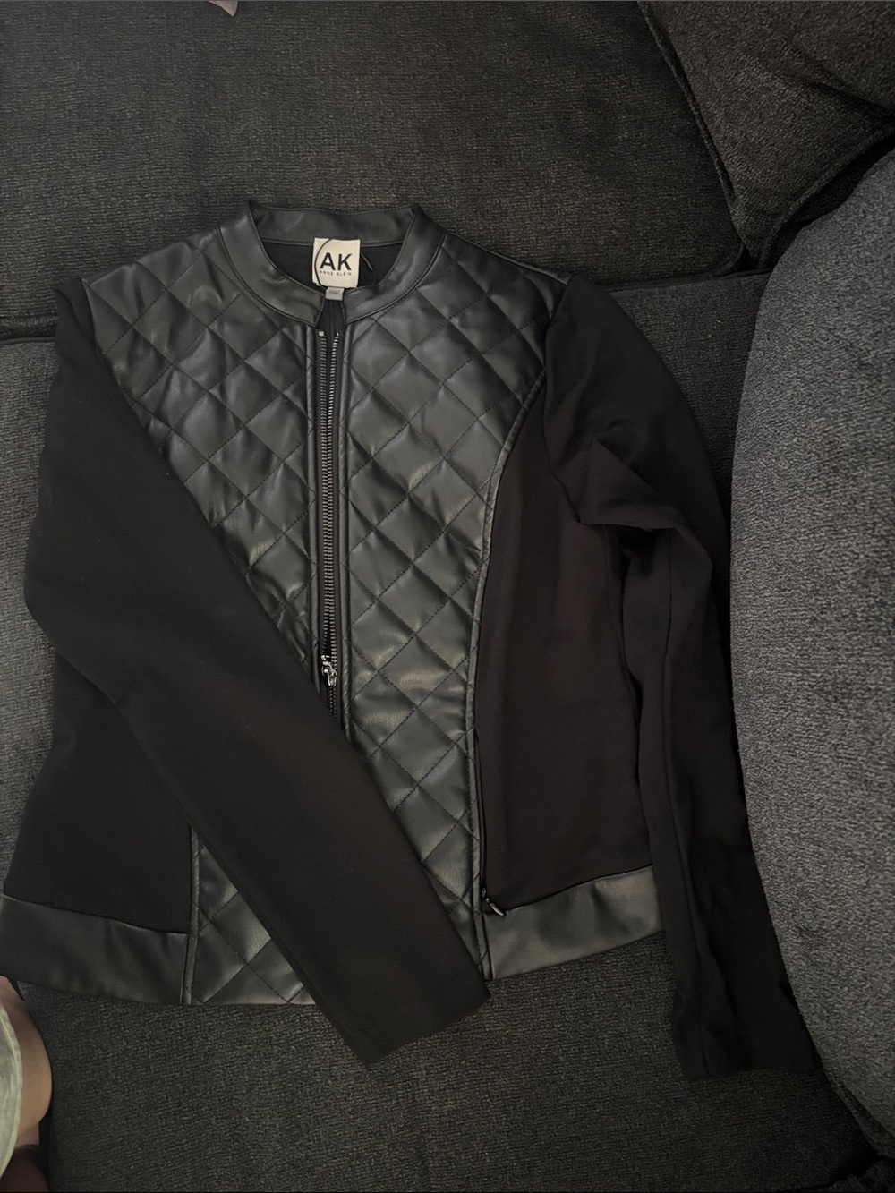 Anne Klein Black Quilted Faux-Leather Panel Bomber Jacket